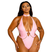 PVC vinyl polyurethane elastane polyester intimates lingerie teddy bodysuit one-piece o-ring leash cuffs shain gstring g-string panty panties crotch halter-style adjustable swanhook swan-hook slave bdsm bdsm-gear fetish pleasure kink kinky female femme feminine women pink queen plus plus-size curvy