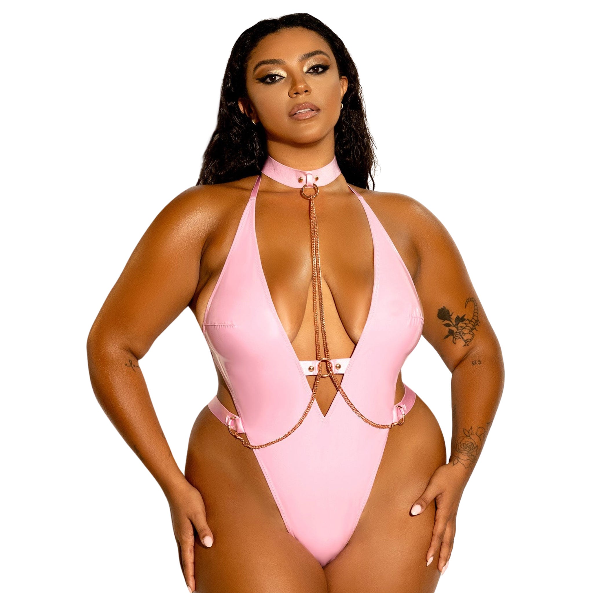 PVC vinyl polyurethane elastane polyester intimates lingerie teddy bodysuit one-piece o-ring leash cuffs shain gstring g-string panty panties crotch halter-style adjustable swanhook swan-hook slave bdsm bdsm-gear fetish pleasure kink kinky female femme feminine women pink queen plus plus-size curvy