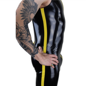 Sleeveless latex surfsuit with bright yellow full-length zipper, crafted from premium 0.4mm latex for a sleek, form-fitting look.