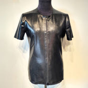 Latex rubber shiny etched top shirt short sleeve sleeved short-sleeve front zip zipper snake snakeskin snake-skin scale texture techno fetish fashion door-bitch doorbitch door bitch proof black