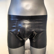 Latex rubber shiny glossy shorts pull-on wide waistband pouch crotch front firmness etched textured snake skin snakeskin snake-skin reptile serpent fetish fashion techno black