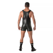 Black wetlook onesie bodysuit with a Y-back design, snap codpiece, and C-ring hole feature.
