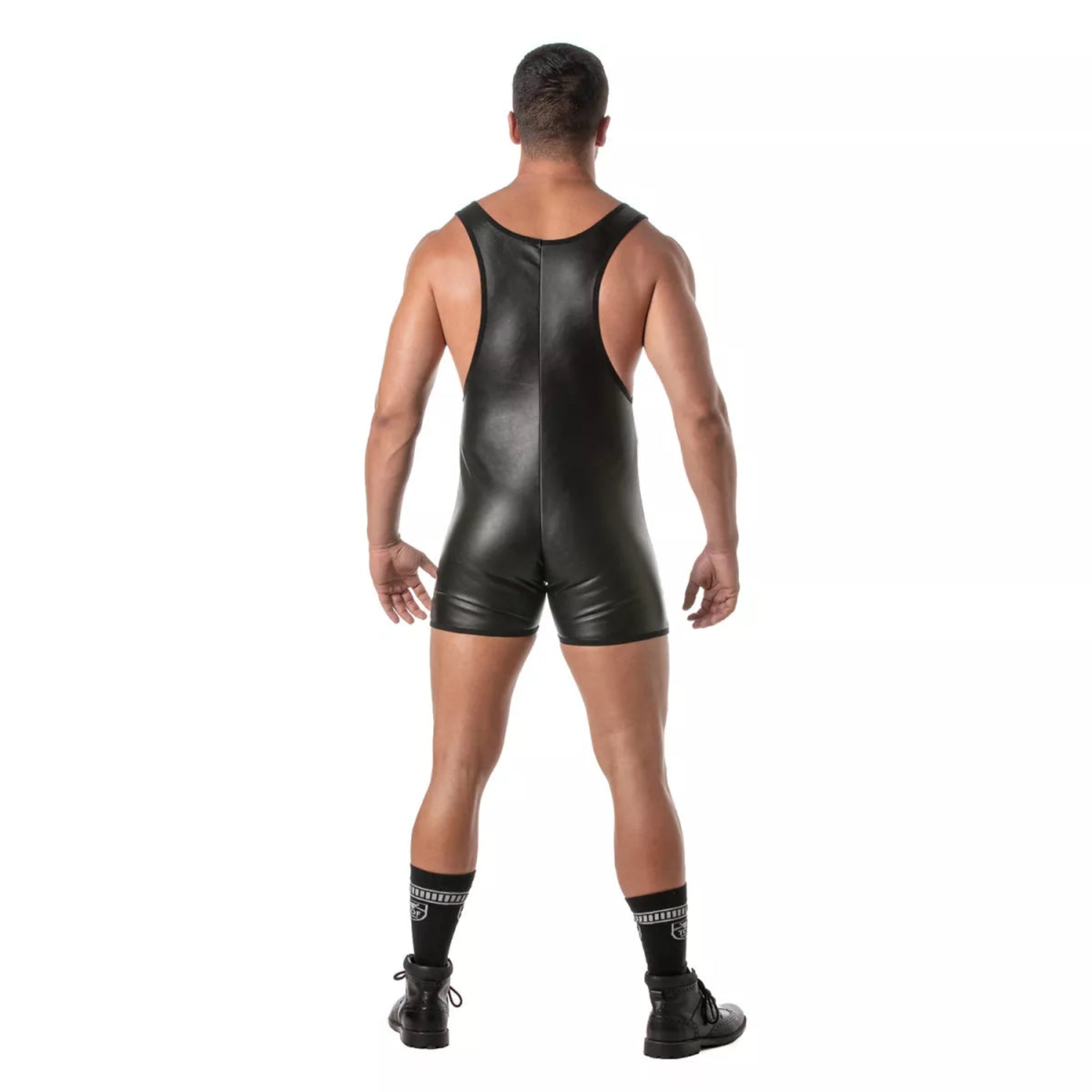 Black wetlook onesie bodysuit with a Y-back design, snap codpiece, and C-ring hole feature.