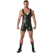 Black wetlook onesie bodysuit with a Y-back design, snap codpiece, and C-ring hole feature.