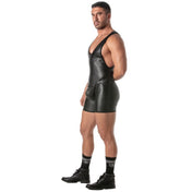 Black wetlook onesie bodysuit with a Y-back design, snap codpiece, and C-ring hole feature.