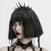 Metallic-chain metallic-alloy leather PU polyurethane accessories headgear head-gear headdress head-dress adjustable chain hanging-chain D-rings spike spikes spiked close-fitting contours dynamic dramatic distinctive comfortable lightweight versatile bold edgy punk punk-inspired goth gothic dark romantic stylish attitude costume cosplay halloween female femme feminine womens unisex