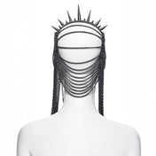 Metallic-chain metallic-alloy leather PU polyurethane accessories headgear head-gear headdress head-dress adjustable chain hanging-chain D-rings spike spikes spiked close-fitting contours dynamic dramatic distinctive comfortable lightweight versatile bold edgy punk punk-inspired goth gothic dark romantic stylish attitude costume cosplay halloween female femme feminine womens unisex