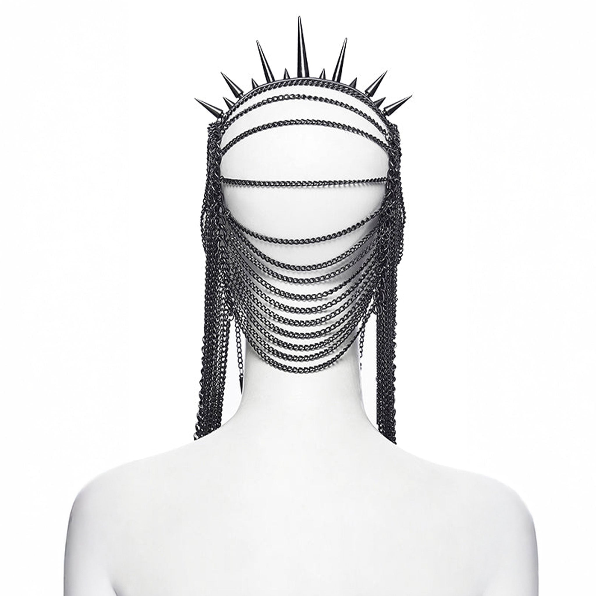 Metallic-chain metallic-alloy leather PU polyurethane accessories headgear head-gear headdress head-dress adjustable chain hanging-chain D-rings spike spikes spiked close-fitting contours dynamic dramatic distinctive comfortable lightweight versatile bold edgy punk punk-inspired goth gothic dark romantic stylish attitude costume cosplay halloween female femme feminine womens unisex
