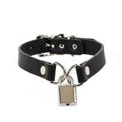 Leather vegan collar choker D-ring adjustable buckle padlock locking lockable key linking lockdown fetish fashion alt-fashion punk goth gothic accessories black silver