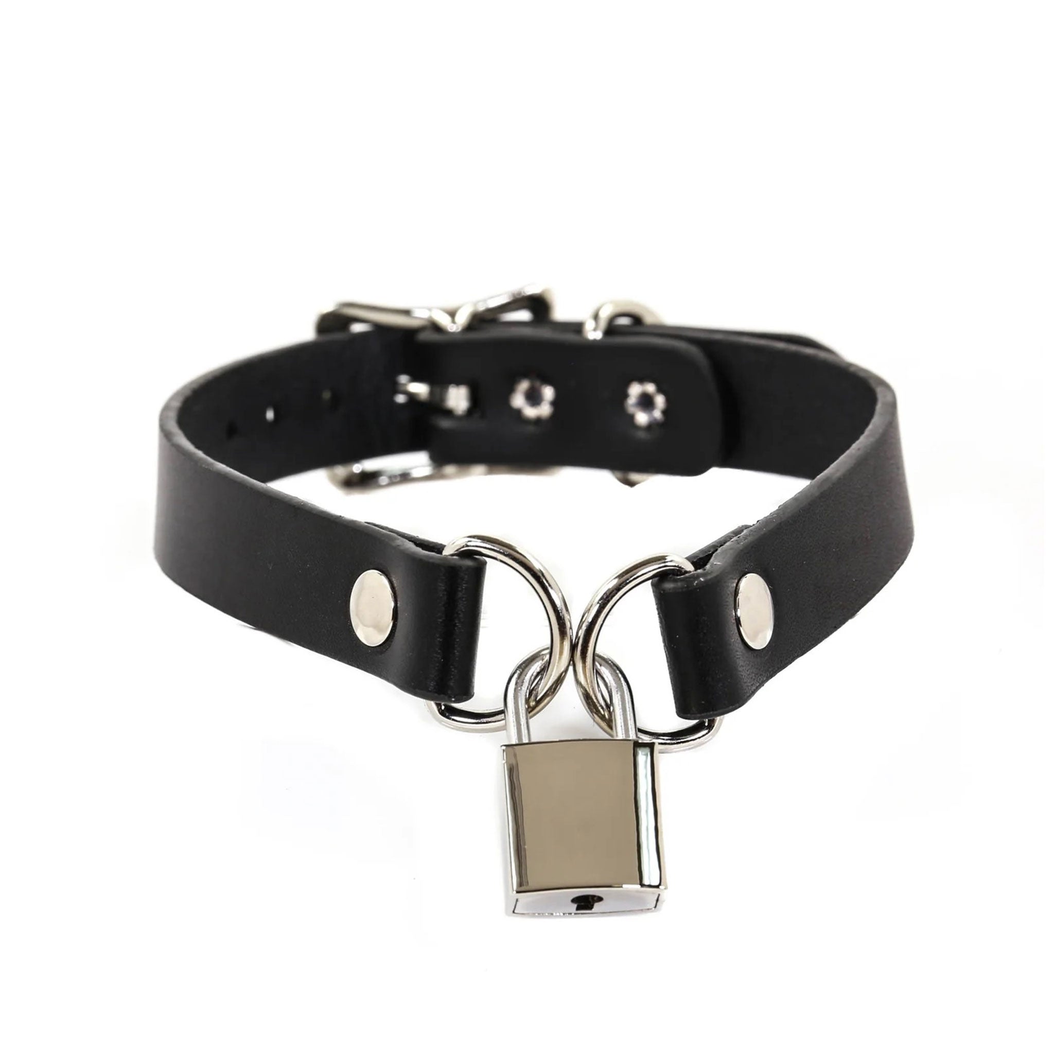 Leather vegan collar choker D-ring adjustable buckle padlock locking lockable key linking lockdown fetish fashion alt-fashion punk goth gothic accessories black silver