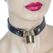 Leather vegan collar choker D-ring adjustable buckle padlock locking lockable key linking lockdown fetish fashion alt-fashion punk goth gothic accessories black silver