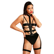 Vinyl polyurethane elastane polyester intimates lingerie teddy one-piece bodysuit open-back panty panties strappy cage halter-style collar peekaboo peek-a-boo garter garter-straps chap-garters swanhook swan-hook hook-and-eye detachable stretchy female femme feminine women halloween seductive escapism yearning black