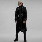 PVC polyester coat jacket trench trenchcoat jersey-knit fabric front zip zipper zippers studded studs shoulders buckle cuffs costume matrix cyberpunk futuristic goth gothic fashion bold glossy long-sleeve longsleeve long sleeve sleeved high-stand collar knee-length black