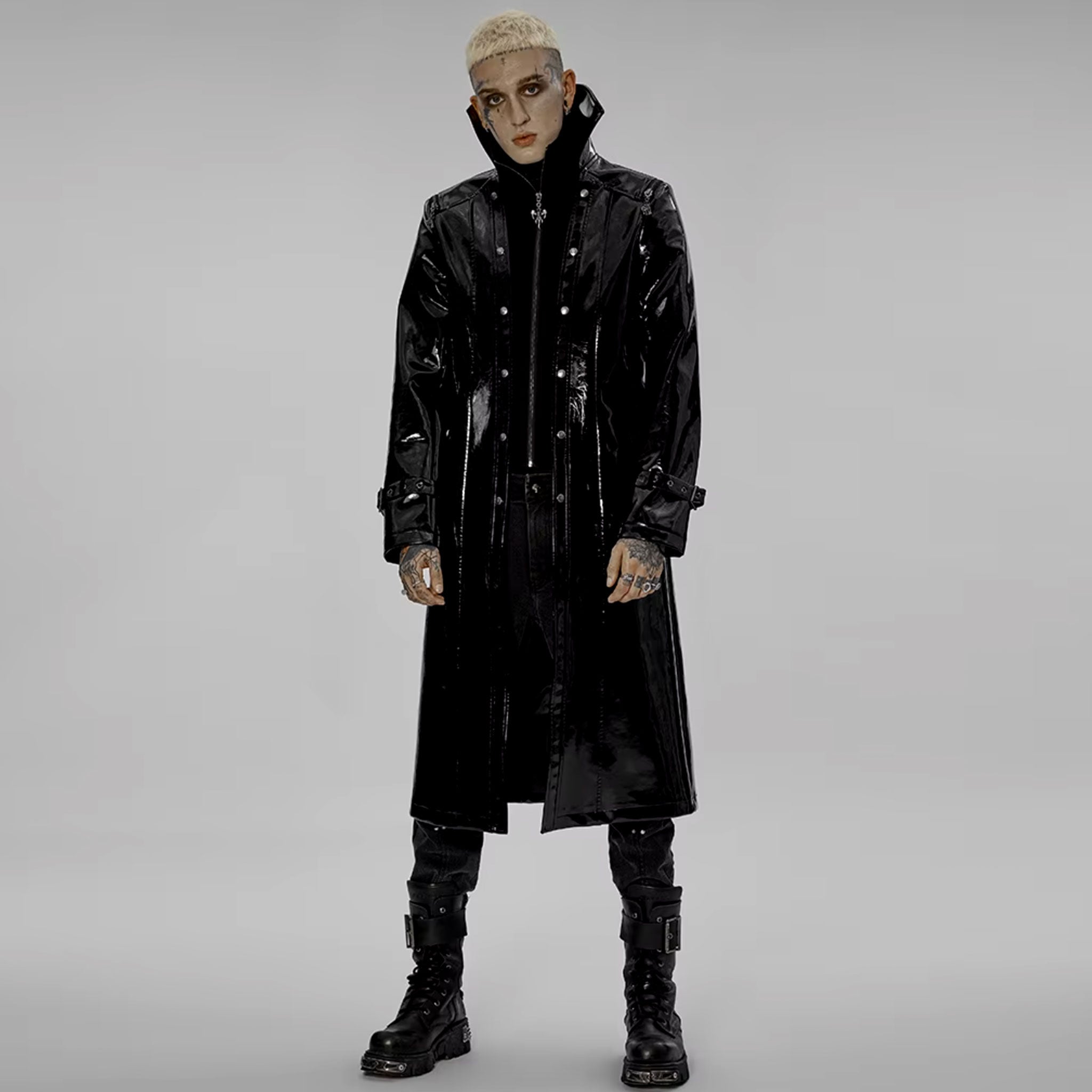PVC polyester coat jacket trench trenchcoat jersey-knit fabric front zip zipper zippers studded studs shoulders buckle cuffs costume matrix cyberpunk futuristic goth gothic fashion bold glossy long-sleeve longsleeve long sleeve sleeved high-stand collar knee-length black