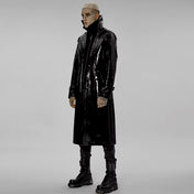 PVC polyester coat jacket trench trenchcoat jersey-knit fabric front zip zipper zippers studded studs shoulders buckle cuffs costume matrix cyberpunk futuristic goth gothic fashion bold glossy long-sleeve longsleeve long sleeve sleeved high-stand collar knee-length black