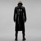 PVC polyester coat jacket trench trenchcoat jersey-knit fabric front zip zipper zippers studded studs shoulders buckle cuffs costume matrix cyberpunk futuristic goth gothic fashion bold glossy long-sleeve longsleeve long sleeve sleeved high-stand collar knee-length black