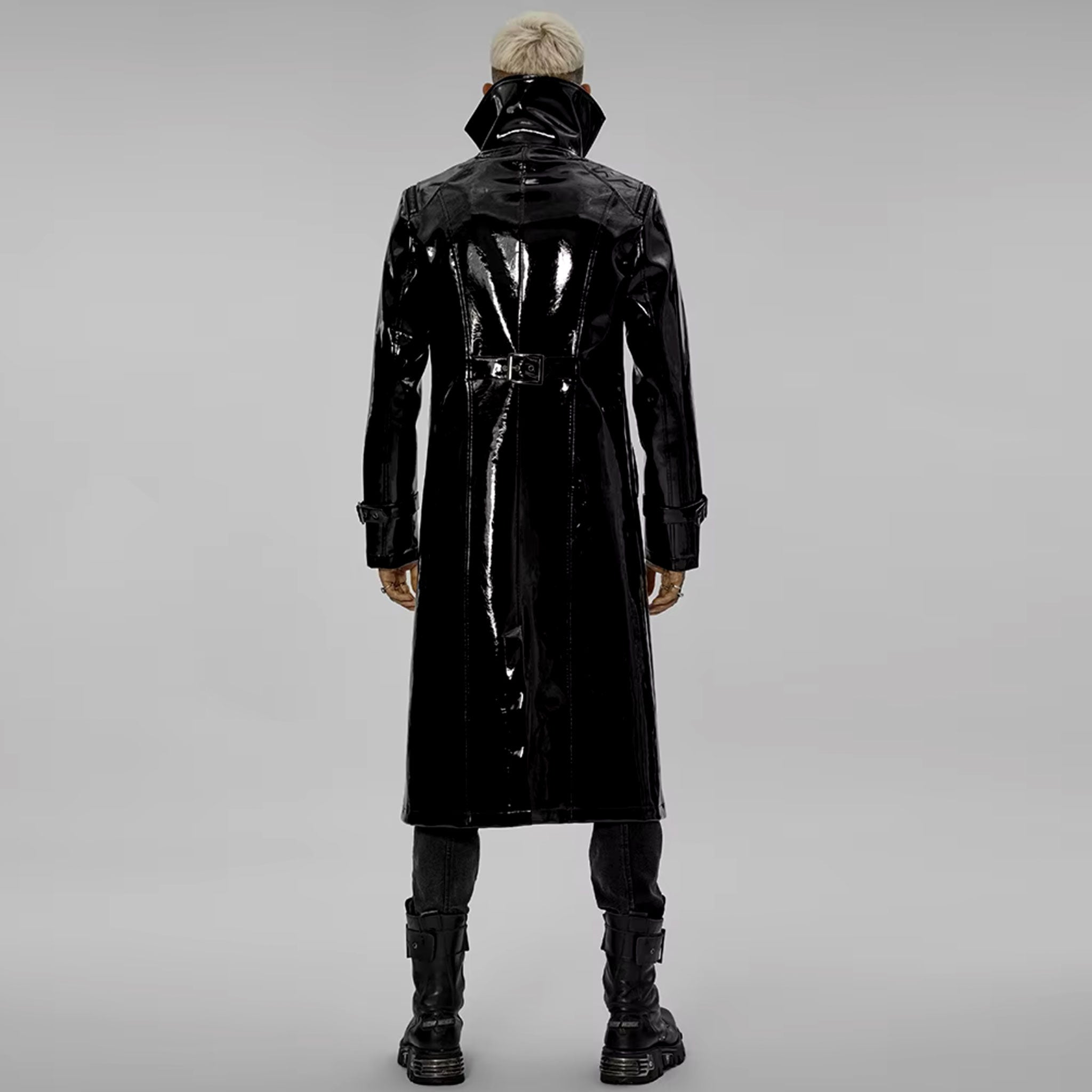 PVC polyester coat jacket trench trenchcoat jersey-knit fabric front zip zipper zippers studded studs shoulders buckle cuffs costume matrix cyberpunk futuristic goth gothic fashion bold glossy long-sleeve longsleeve long sleeve sleeved high-stand collar knee-length black