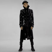 PVC polyester coat jacket trench trenchcoat jersey-knit fabric front zip zipper zippers studded studs shoulders buckle cuffs costume matrix cyberpunk futuristic goth gothic fashion bold glossy long-sleeve longsleeve long sleeve sleeved high-stand collar knee-length black