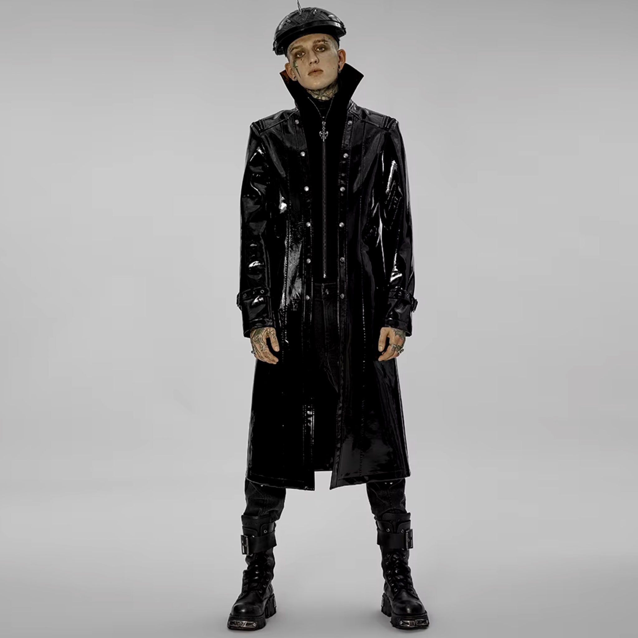 PVC polyester coat jacket trench trenchcoat jersey-knit fabric front zip zipper zippers studded studs shoulders buckle cuffs costume matrix cyberpunk futuristic goth gothic fashion bold glossy long-sleeve longsleeve long sleeve sleeved high-stand collar knee-length black