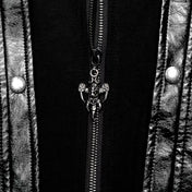 PVC polyester coat jacket trench trenchcoat jersey-knit fabric front zip zipper zippers studded studs shoulders buckle cuffs costume matrix cyberpunk futuristic goth gothic fashion bold glossy long-sleeve longsleeve long sleeve sleeved high-stand collar knee-length black