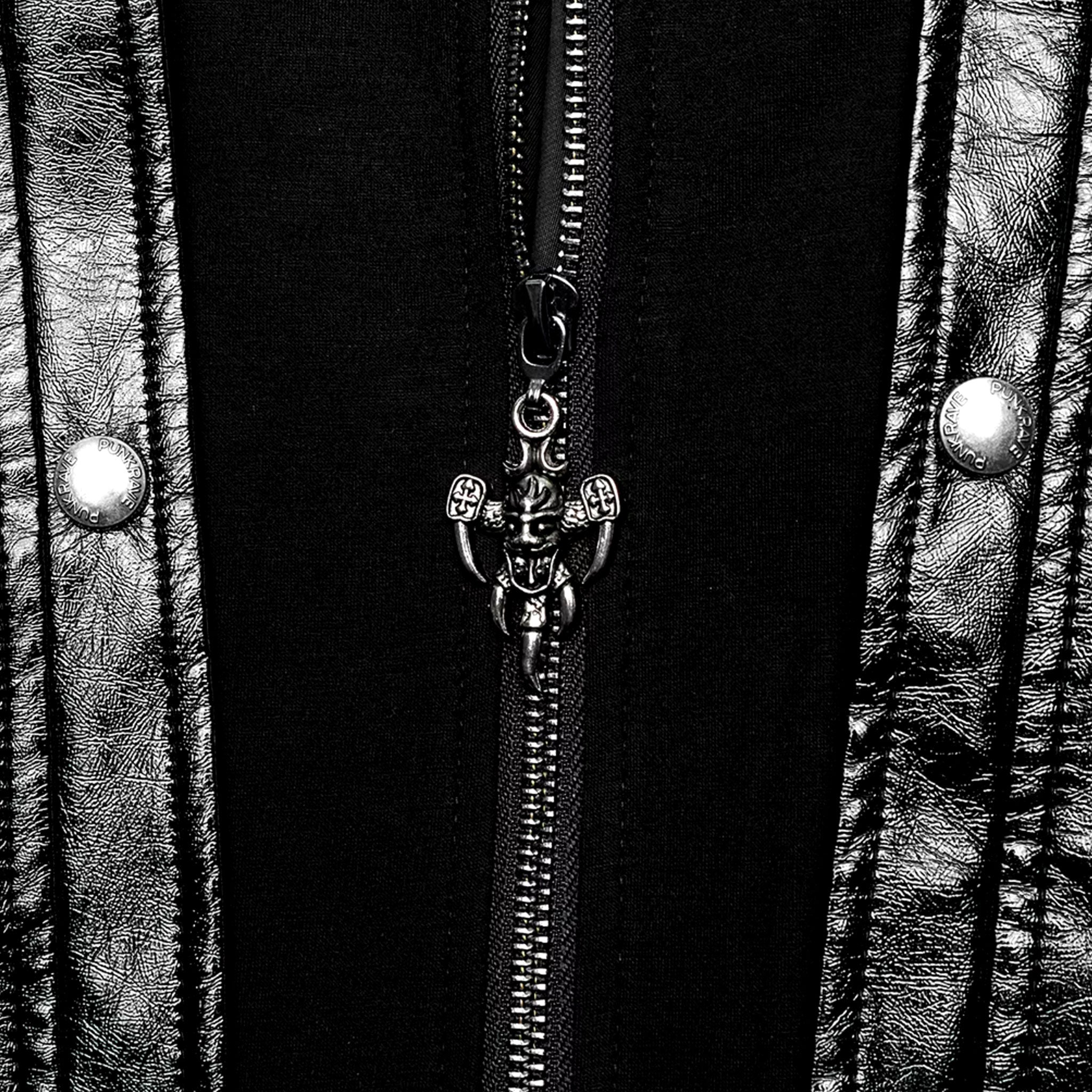 PVC polyester coat jacket trench trenchcoat jersey-knit fabric front zip zipper zippers studded studs shoulders buckle cuffs costume matrix cyberpunk futuristic goth gothic fashion bold glossy long-sleeve longsleeve long sleeve sleeved high-stand collar knee-length black