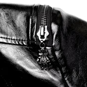 PVC polyester coat jacket trench trenchcoat jersey-knit fabric front zip zipper zippers studded studs shoulders buckle cuffs costume matrix cyberpunk futuristic goth gothic fashion bold glossy long-sleeve longsleeve long sleeve sleeved high-stand collar knee-length black