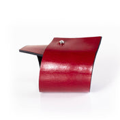 Premium leather wrist cuff bracelet asymmetrical rhinestone clasp punch-through unique angular modern fashion-forward artisinal handcrafted edgy arm gear accessories red