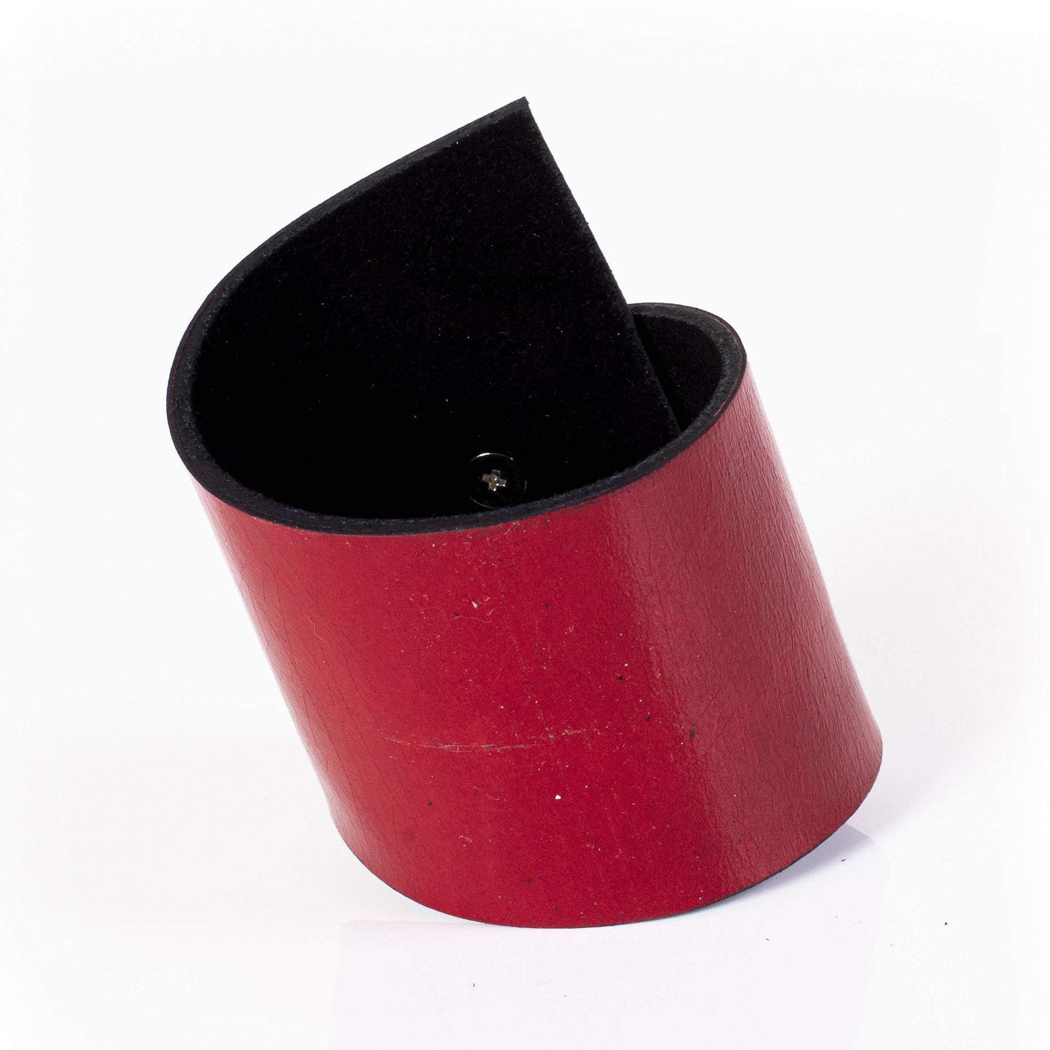 Premium leather wrist cuff bracelet asymmetrical rhinestone clasp punch-through unique angular modern fashion-forward artisinal handcrafted edgy arm gear accessories red