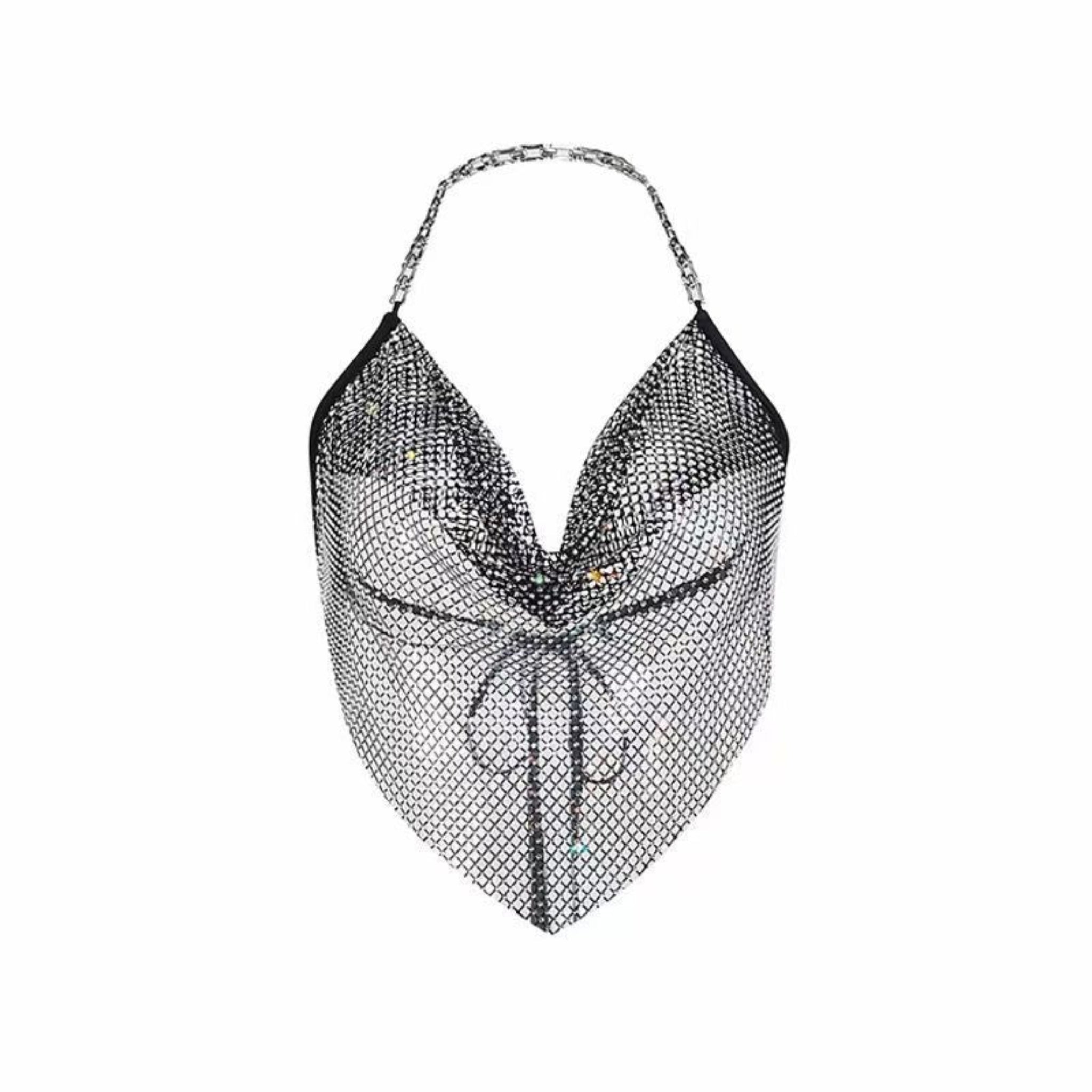 rhinestone fishnet halter top black tie back sheer sexy clubwear festival Fetish Factory