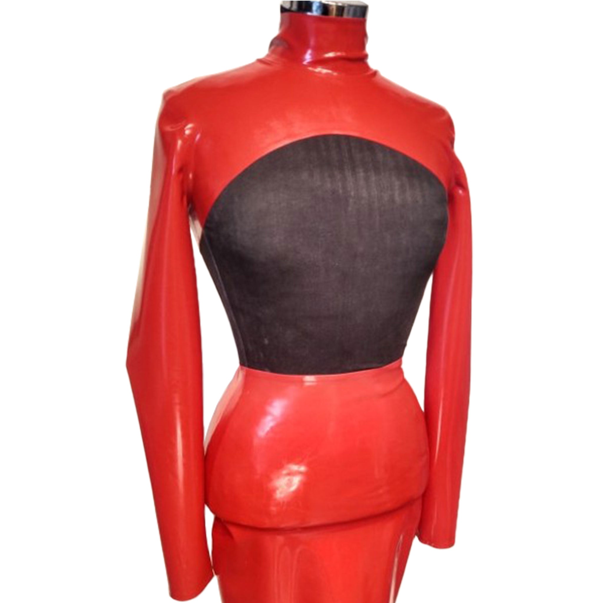 Latex rubber top long sleeve sleeved long-sleeve long-sleeved crop cropped cropped-top crop-top croptop bolero open front zip-up back zip high-neck high neck turtleneck turtle neck turtle-neck door-bitch proof red
