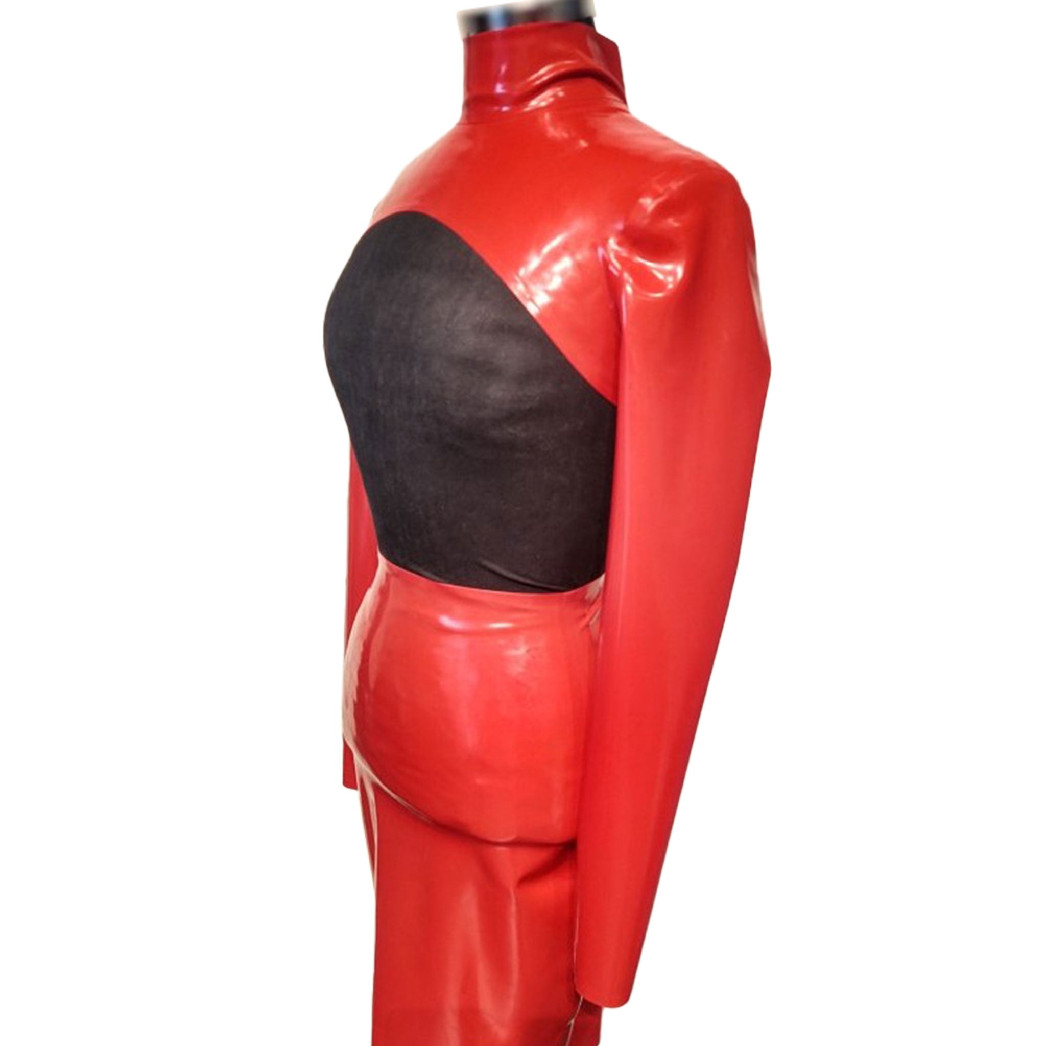 Latex rubber top long sleeve sleeved long-sleeve long-sleeved crop cropped cropped-top crop-top croptop bolero open front zip-up back zip high-neck high neck turtleneck turtle neck turtle-neck door-bitch proof red