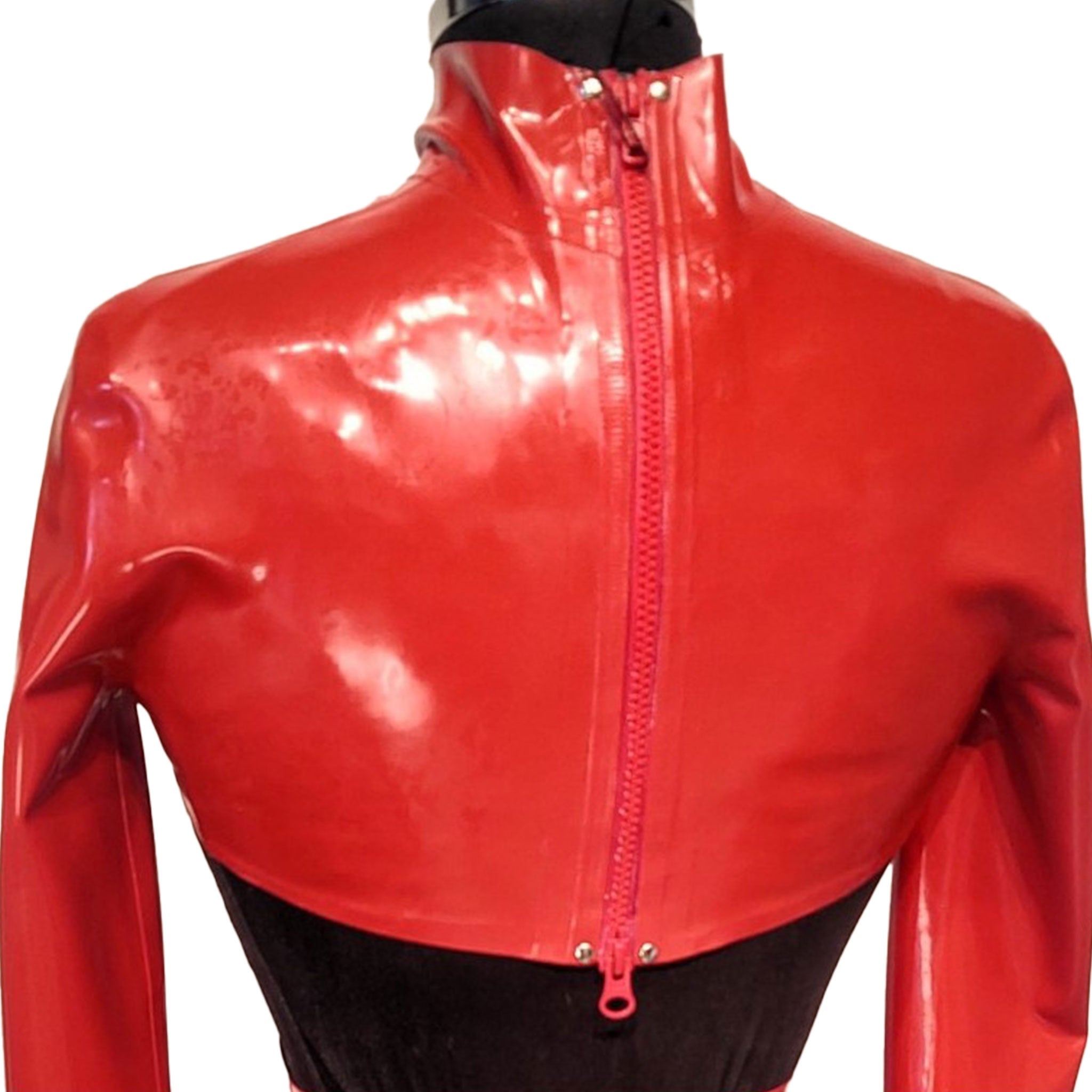 Latex rubber top long sleeve sleeved long-sleeve long-sleeved crop cropped cropped-top crop-top croptop bolero open front zip-up back zip high-neck high neck turtleneck turtle neck turtle-neck door-bitch proof red