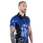 Latex rubber top shirt casual short-sleeve short-sleeved collar collared lapel lapels front zipper zip-up front-zip two-tone 2-tone blue black