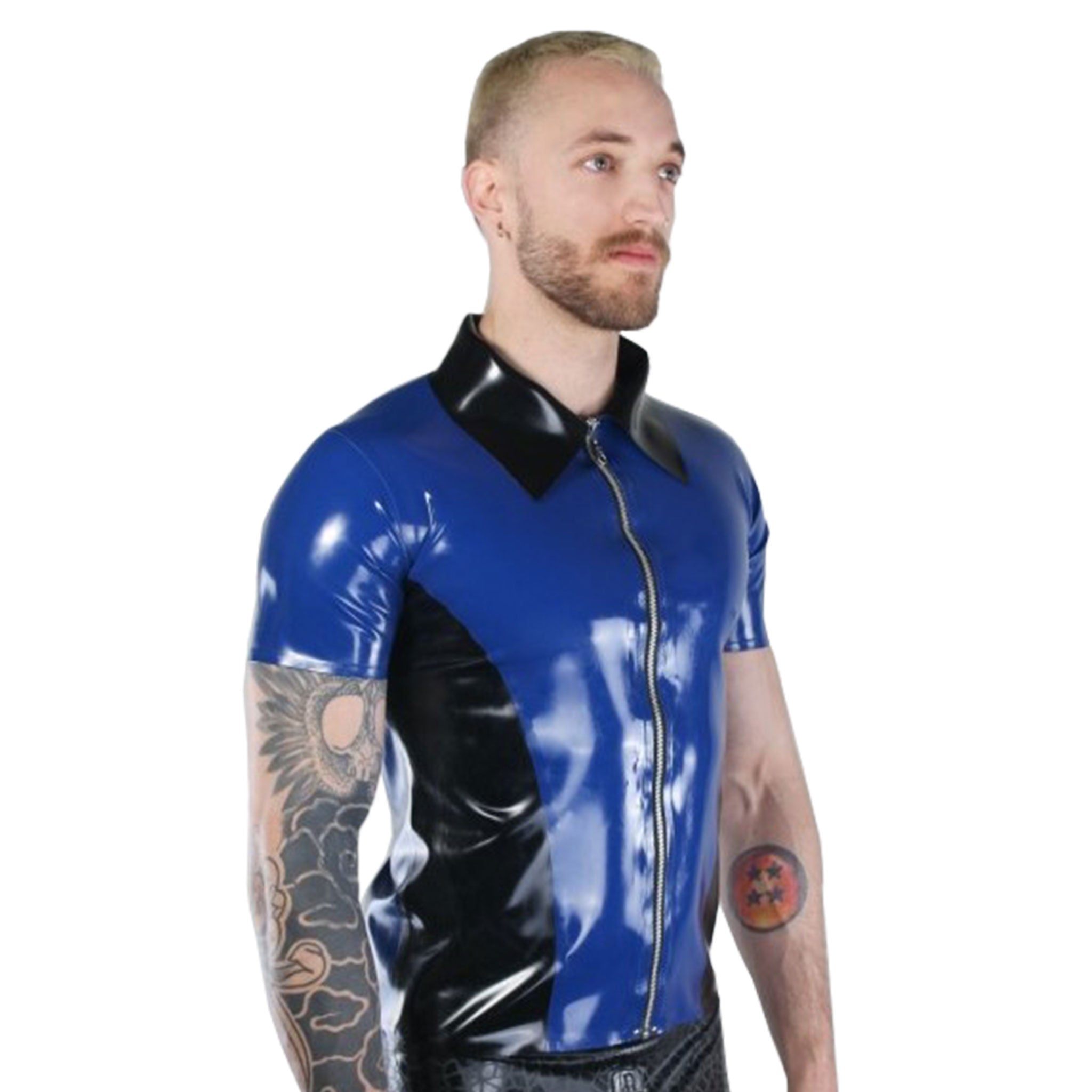 Latex rubber top shirt casual short-sleeve short-sleeved collar collared lapel lapels front zipper zip-up front-zip two-tone 2-tone blue black