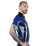 Latex rubber top shirt casual short-sleeve short-sleeved collar collared lapel lapels front zipper zip-up front-zip two-tone 2-tone blue black