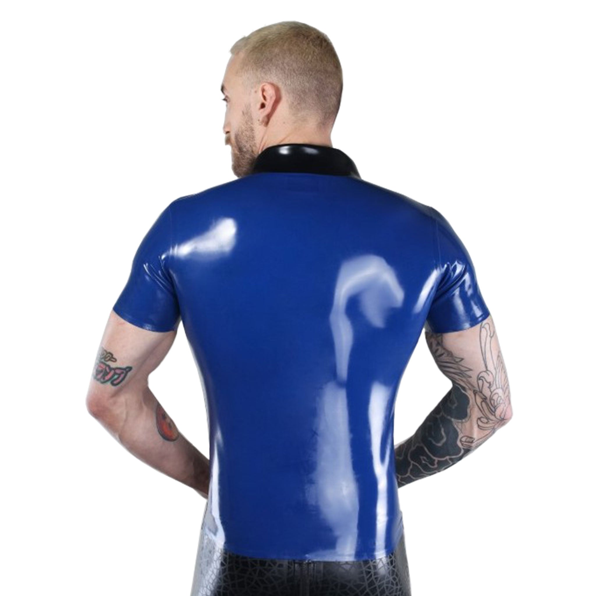 Latex rubber top shirt casual short-sleeve short-sleeved collar collared lapel lapels front zipper zip-up front-zip two-tone 2-tone blue black