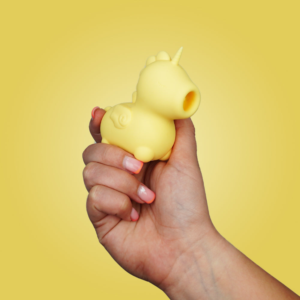 Unihorn Bean Blossom Tongue Flick Pulsating Vibe yellow body-safe silicone rechargeable with flickering tongue-like motion and intense vibrations adult toy
