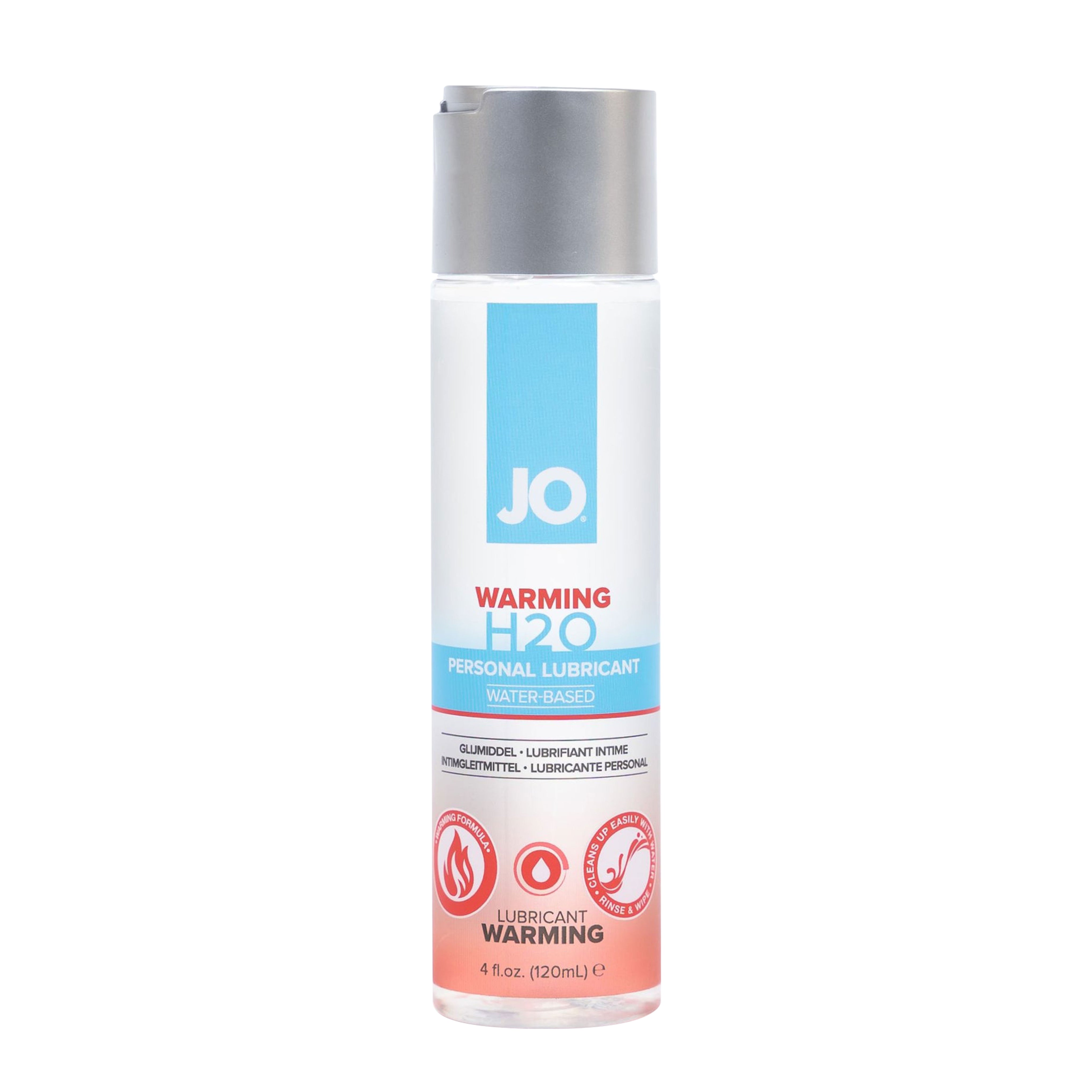 Jo H2O Warming Lube in a sleek bottle, providing a soothing warming sensation for enhanced intimate moments.
