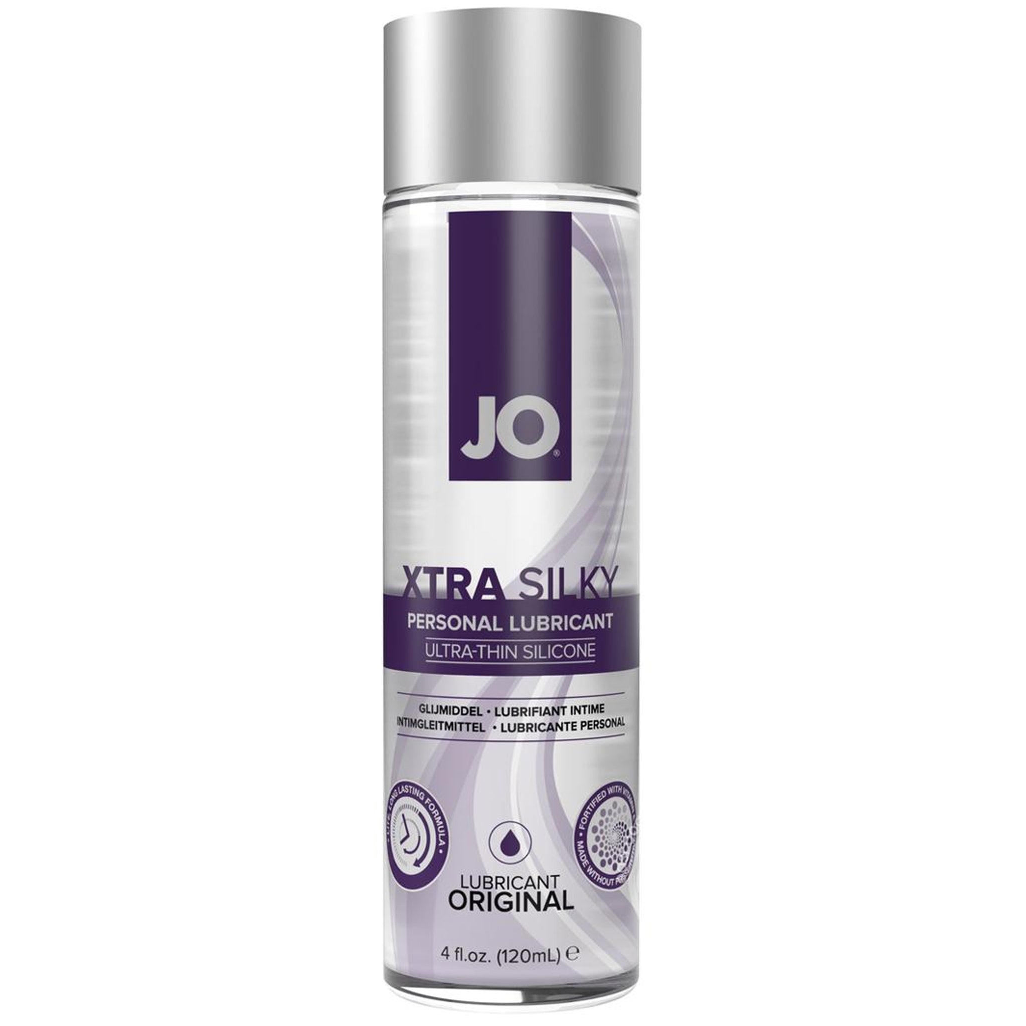 JO Xtra Silky Thin Silicone Lubricant 4oz bottle, offering a long-lasting glide and silky smooth finish with a water-resistant, vitamin E-infused formula.