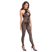 Mesh sheer transparent elastic jumpsuit jump-suit catsuit cat-suit one-piece velvet flocking floral flower wildflower halterneck halter-neck neck-holder neckholder collar sleeveless 3way 3-way three-way zipper open-shoulder hook-and-eye female femme feminine women sexy risqué fetish fashion lingerie black