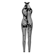 Mesh sheer transparent elastic jumpsuit jump-suit catsuit cat-suit one-piece velvet flocking floral flower wildflower halterneck halter-neck neck-holder neckholder collar sleeveless 3way 3-way three-way zipper open-shoulder hook-and-eye female femme feminine women sexy risqué fetish fashion lingerie black