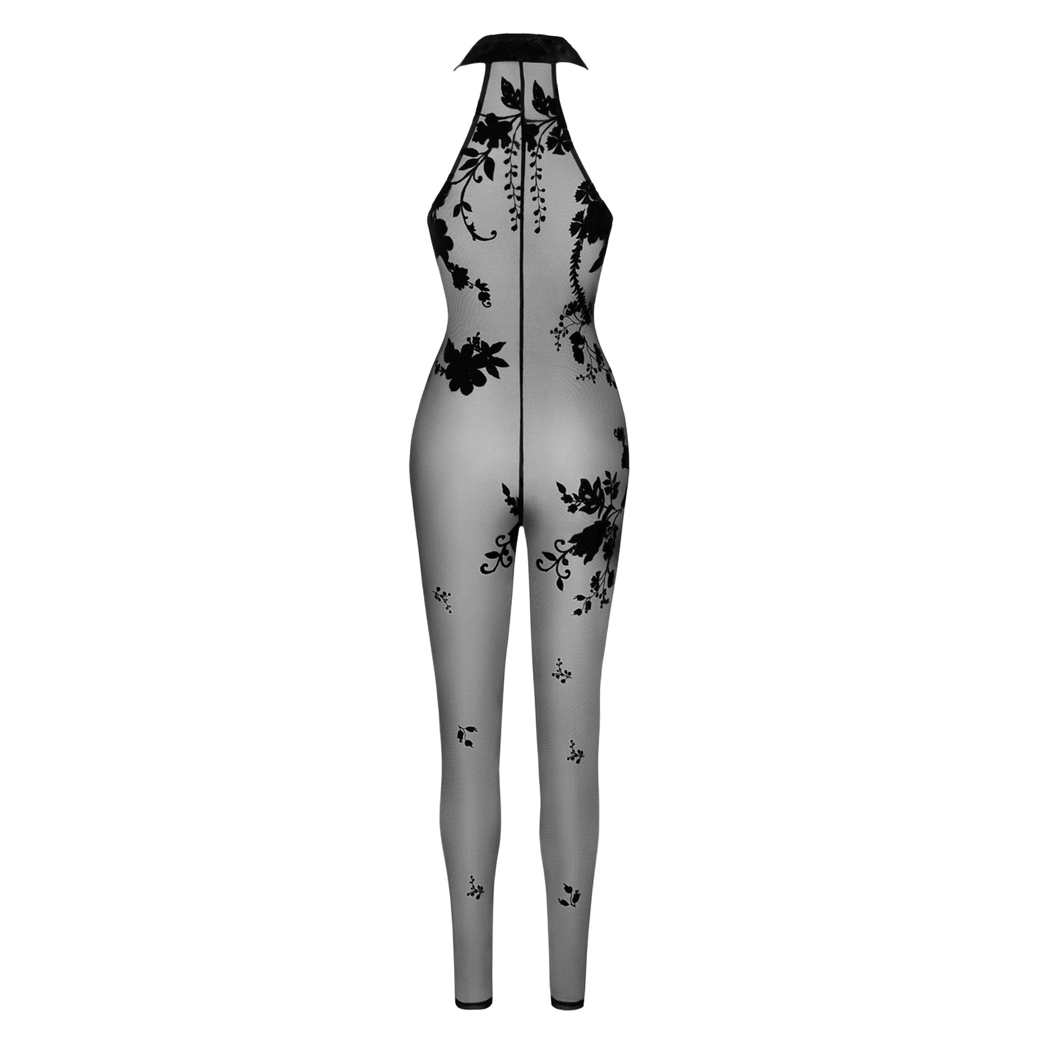 Mesh sheer transparent elastic jumpsuit jump-suit catsuit cat-suit one-piece velvet flocking floral flower wildflower halterneck halter-neck neck-holder neckholder collar sleeveless 3way 3-way three-way zipper open-shoulder hook-and-eye female femme feminine women sexy risqué fetish fashion lingerie black