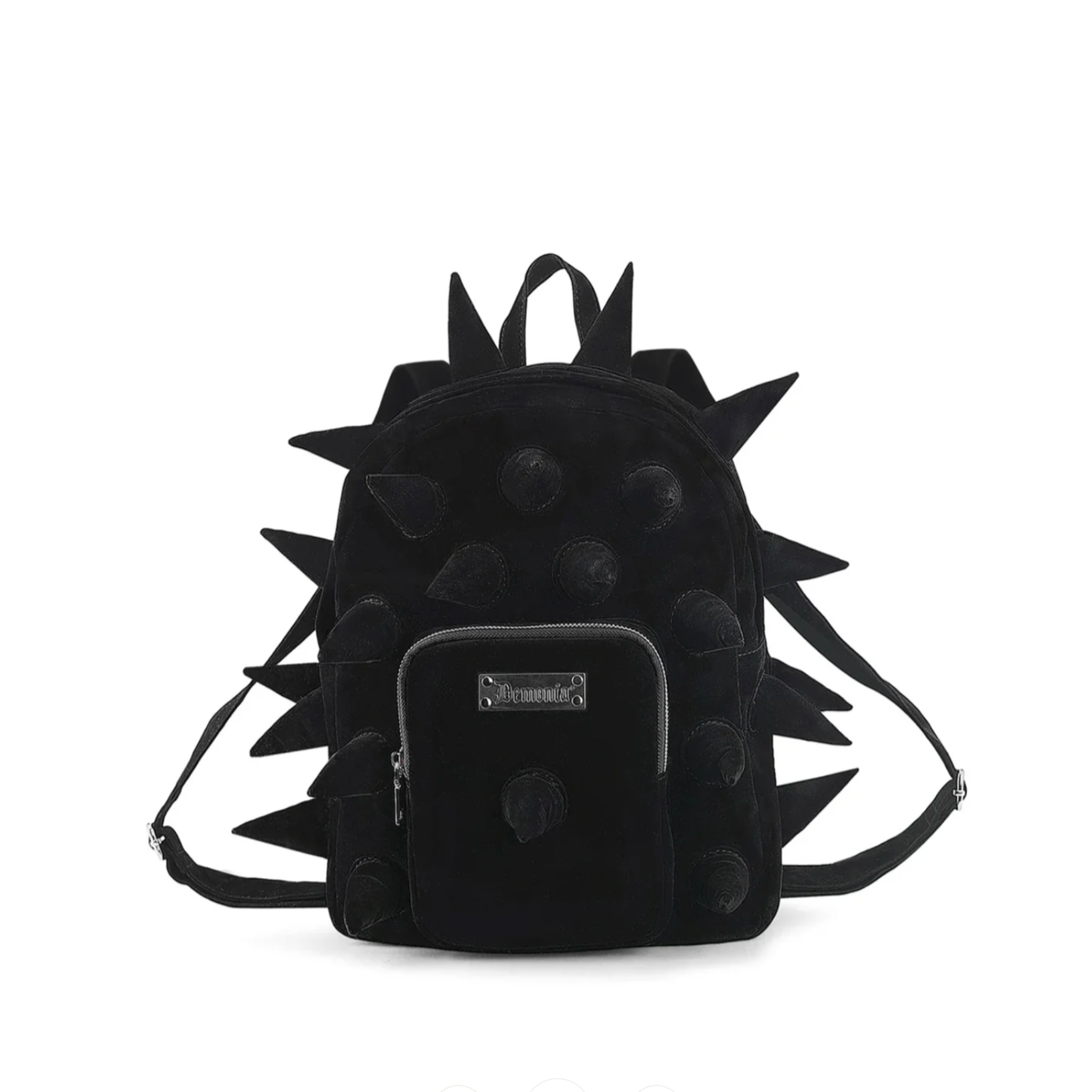 velvet spiked mini backpack black gothic edgy cone spikes soft velvet material fetish factory fashion bag with multiple zip pockets outer side zipper small front pocket statement backpack