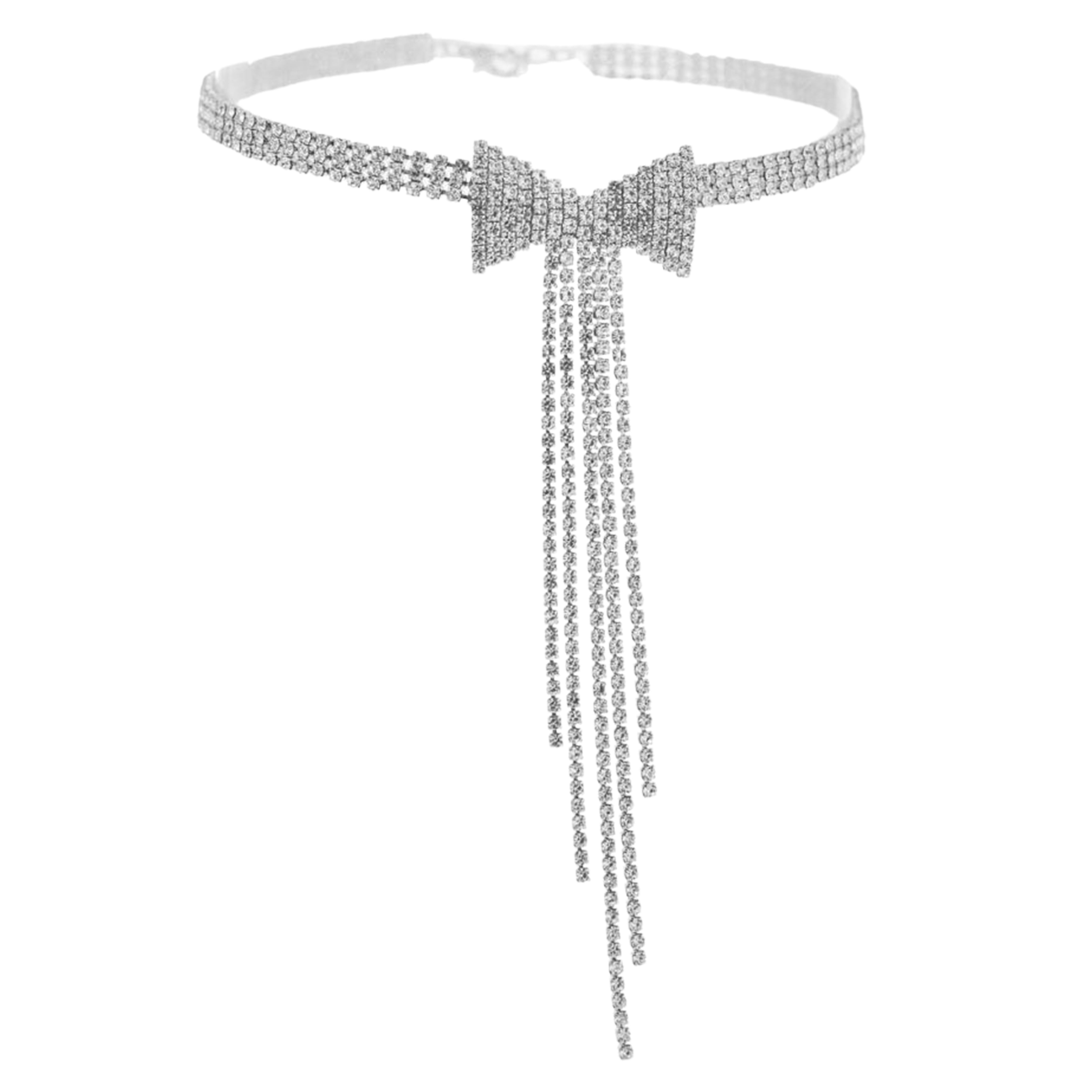 Rhinestone Fringe Dangle Bow Necklace Silver