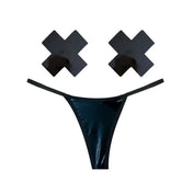 Latex intimates lingerie lingerie-set 3-pc 3-piece three-piece pasties x-shaped thong gstring g-string t-back panty panties easy-peasy women womens female feminine femme cyber halloween black