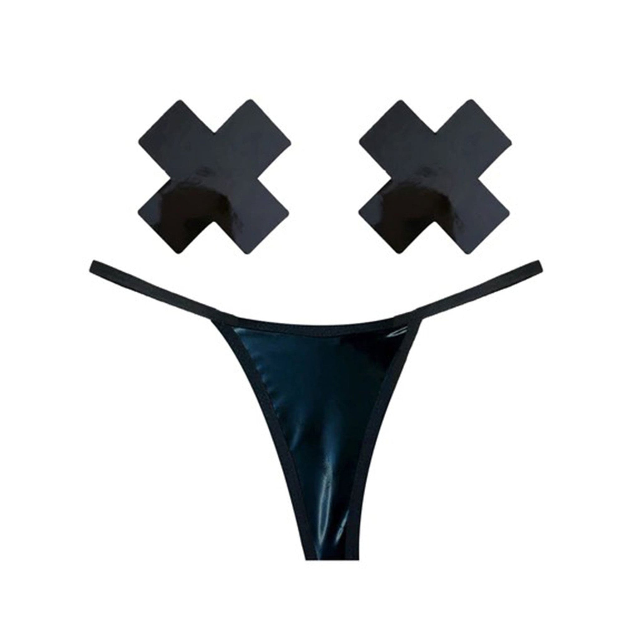 Latex intimates lingerie lingerie-set 3-pc 3-piece three-piece pasties x-shaped thong gstring g-string t-back panty panties easy-peasy women womens female feminine femme cyber halloween black