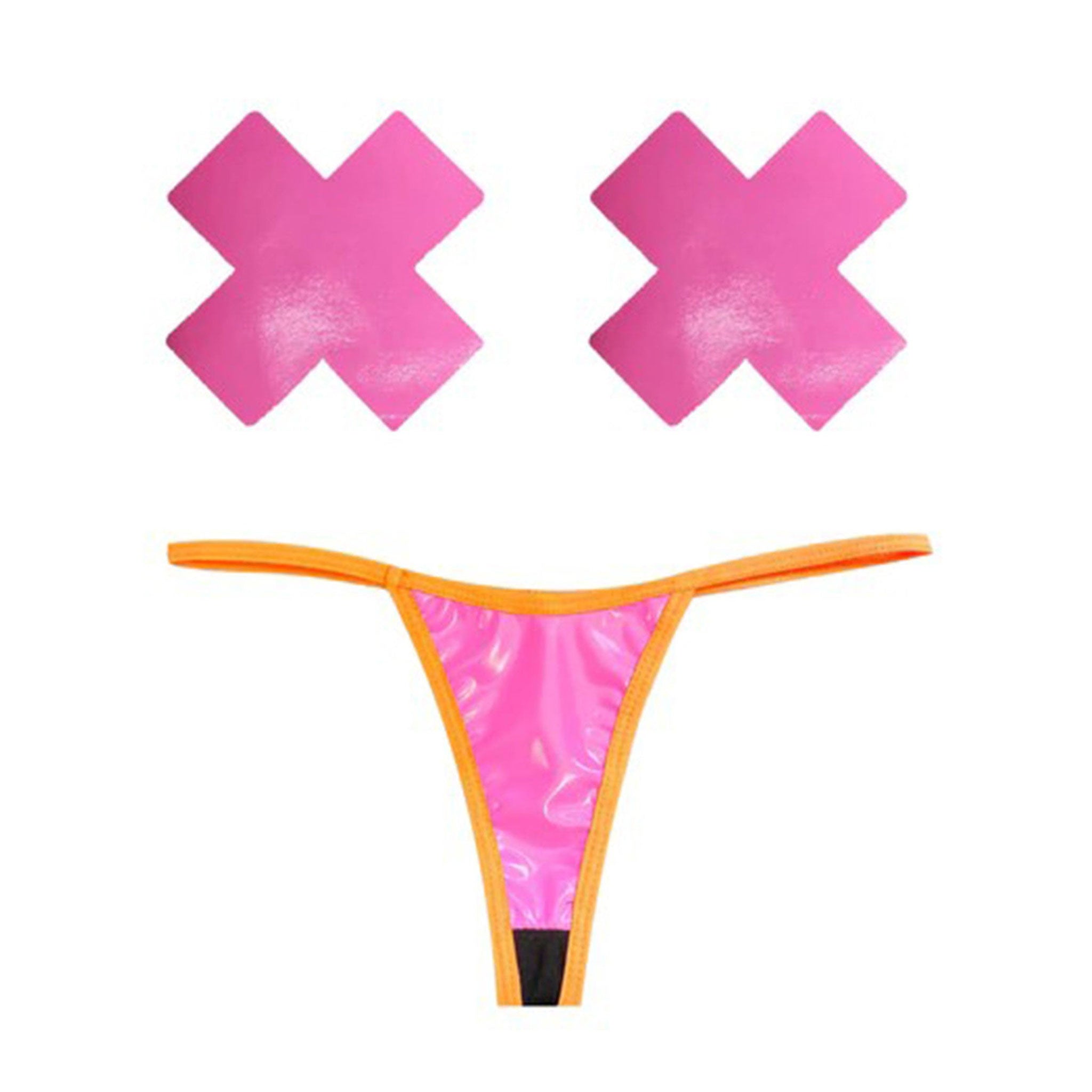 Latex intimates lingerie lingerie-set 3-pc 3-piece three-piece pasties x-shaped thong gstring g-string t-back panty panties easy-peasy women womens female feminine femme cyber halloween pink orange
