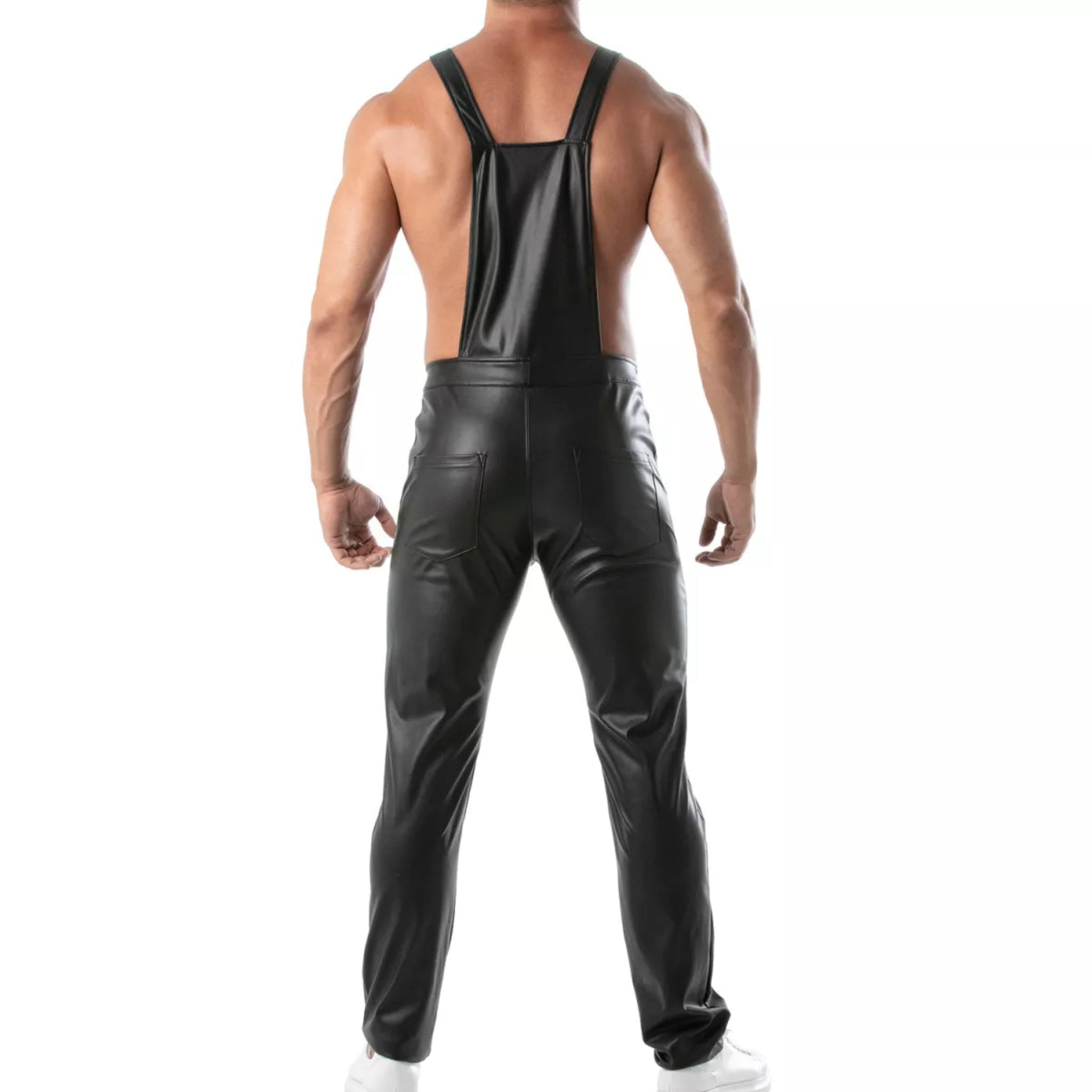 Black wetlook overall pants, fitted faux leather dungarees with adjustable straps, zippered chest pocket, and snap-button fly.