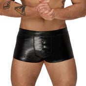 Polyester elastane wetlook polymer-coating bottoms briefs shorts booty-shorts animal-print snake snakeskin snake-skin scaly textured pull-on front-zip zipper tactile erotic kink kinky kinkwear lingerie intimates male masculine masc mens pet-play black