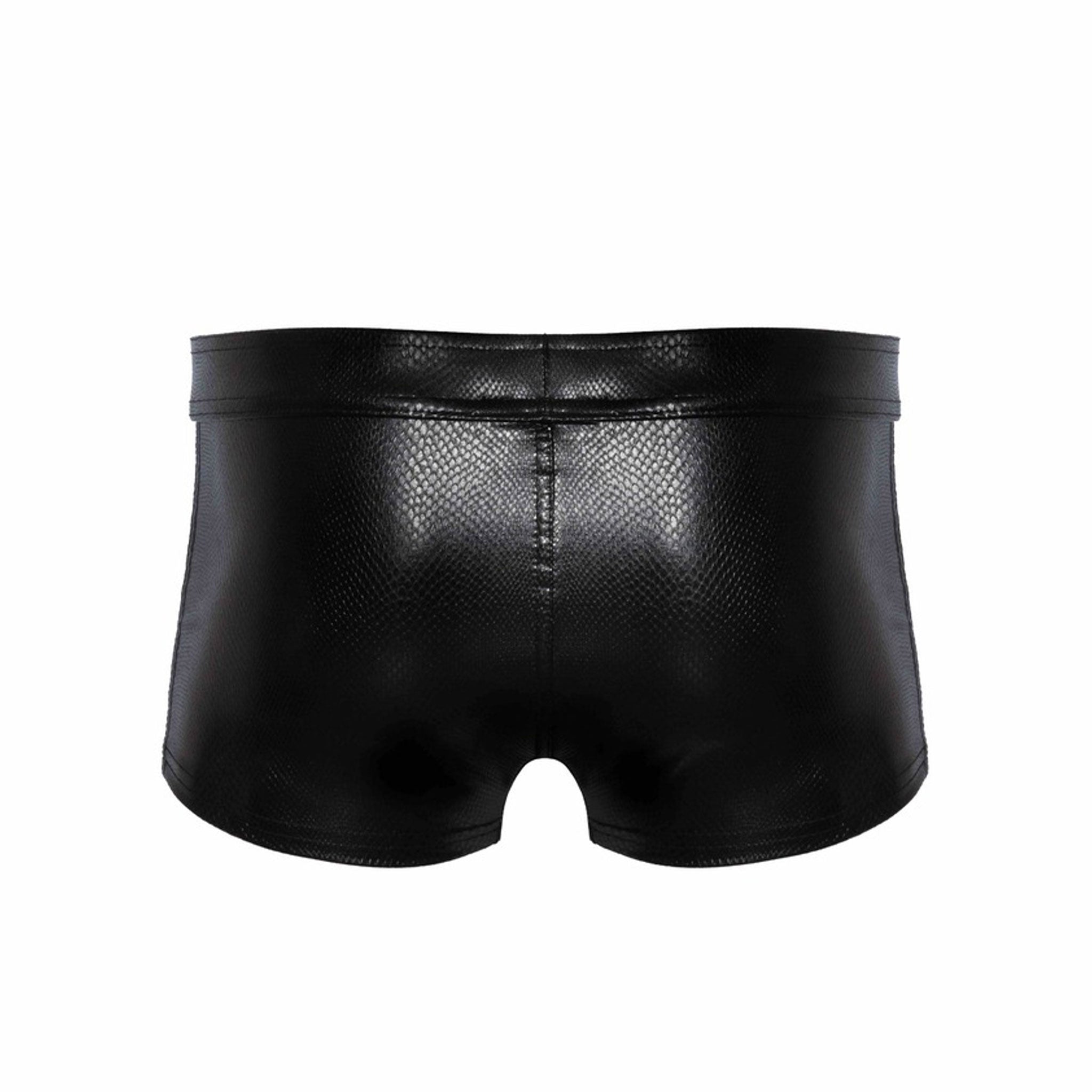 Polyester elastane wetlook polymer-coating bottoms briefs shorts booty-shorts animal-print snake snakeskin snake-skin scaly textured pull-on front-zip zipper tactile erotic kink kinky kinkwear lingerie intimates male masculine masc mens pet-play black